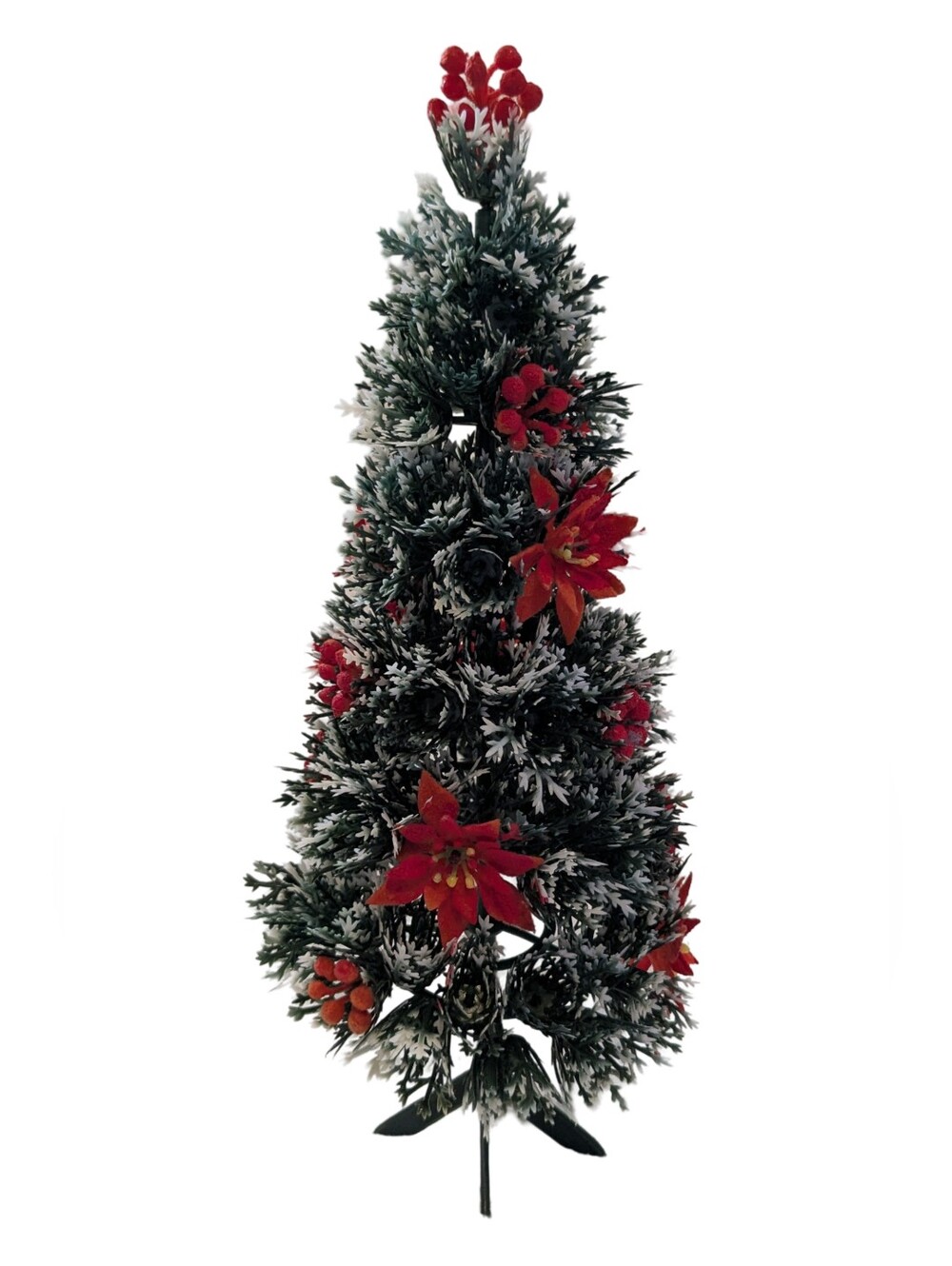 Vintage MCM Kitschy Christmas Tree Miniature 13.5" Flocked Poinsettias Berries